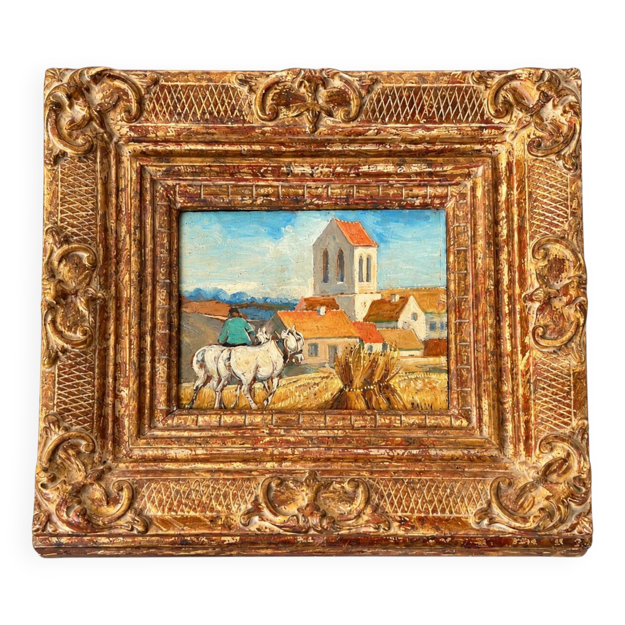 Small old painting signed Daniel Rouvière – Village scene with horses