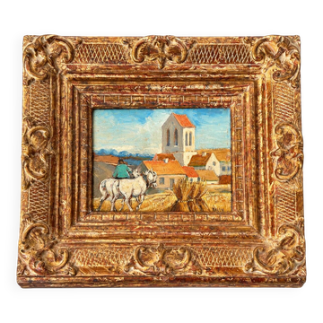 Small old painting signed Daniel Rouvière – Village scene with horses