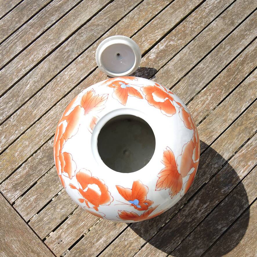 Antique Large Ginger Jar with Orange Floral Decor