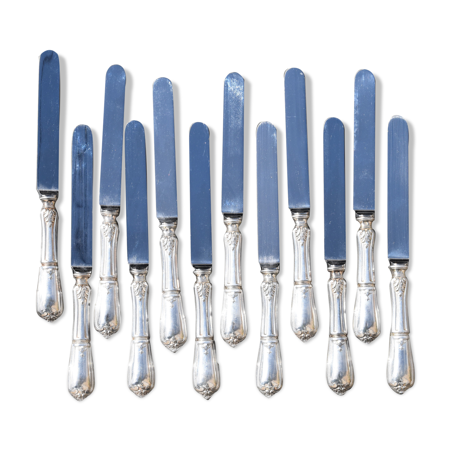 12 table knives in silver metal decor rocaille louis xv