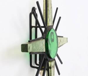 Vintage metal sunburst wall lamp with green glass, 1960s