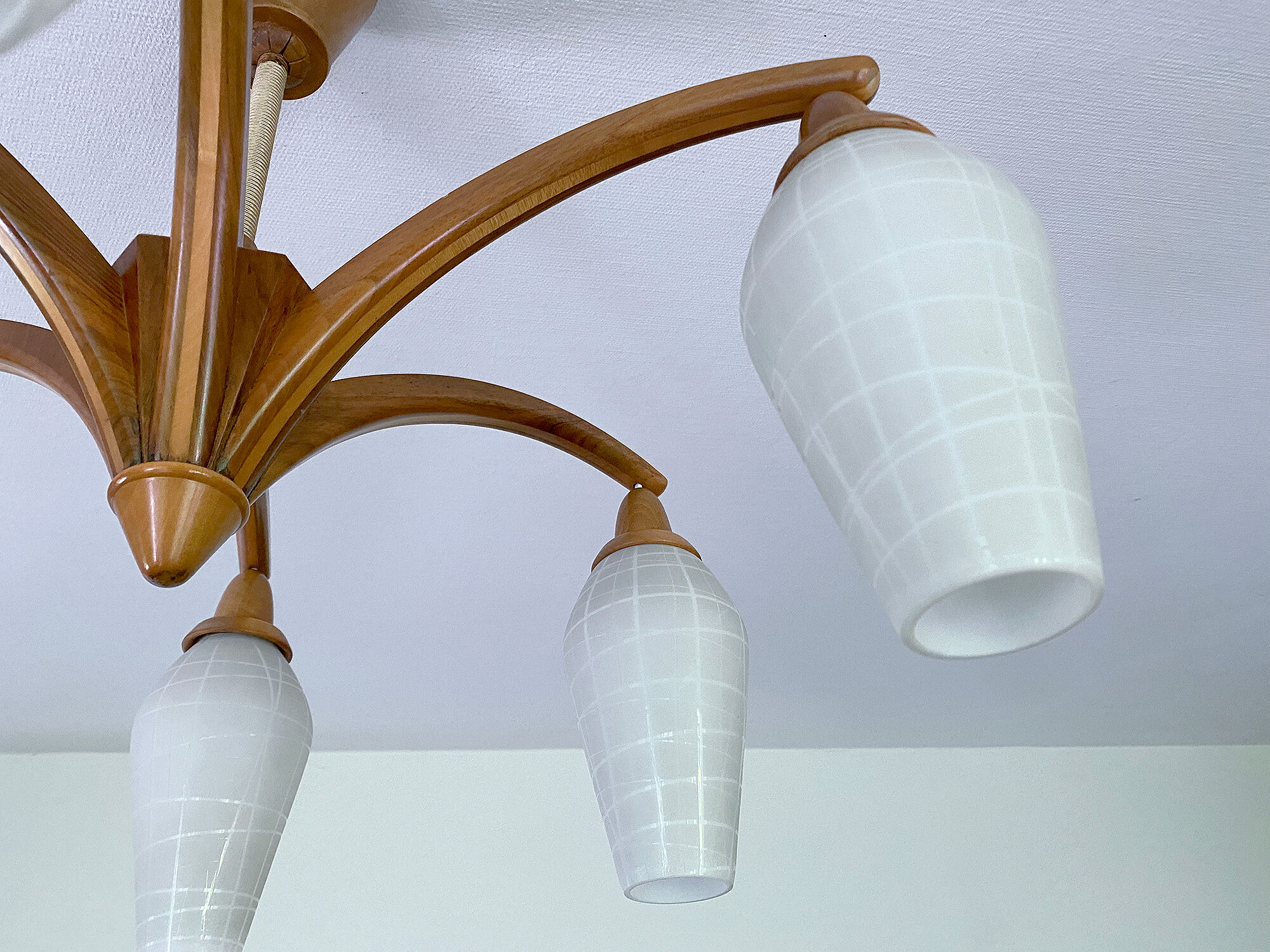 Vintage Pendant Lamp Scandinavian Temde, Wood and Opal Glass, 60s