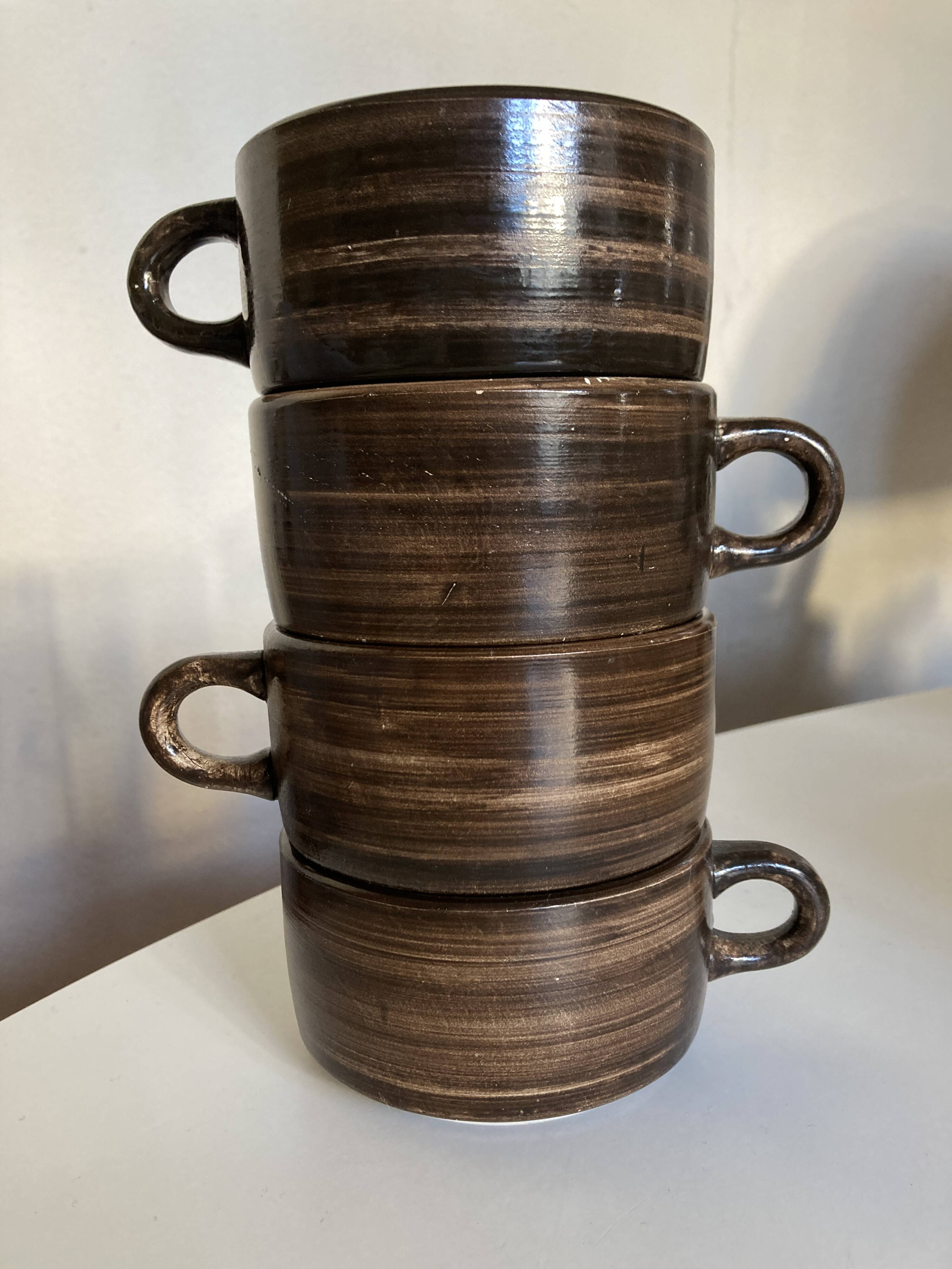 Set de 4 tasses déjeuner Salins décor bois 1970