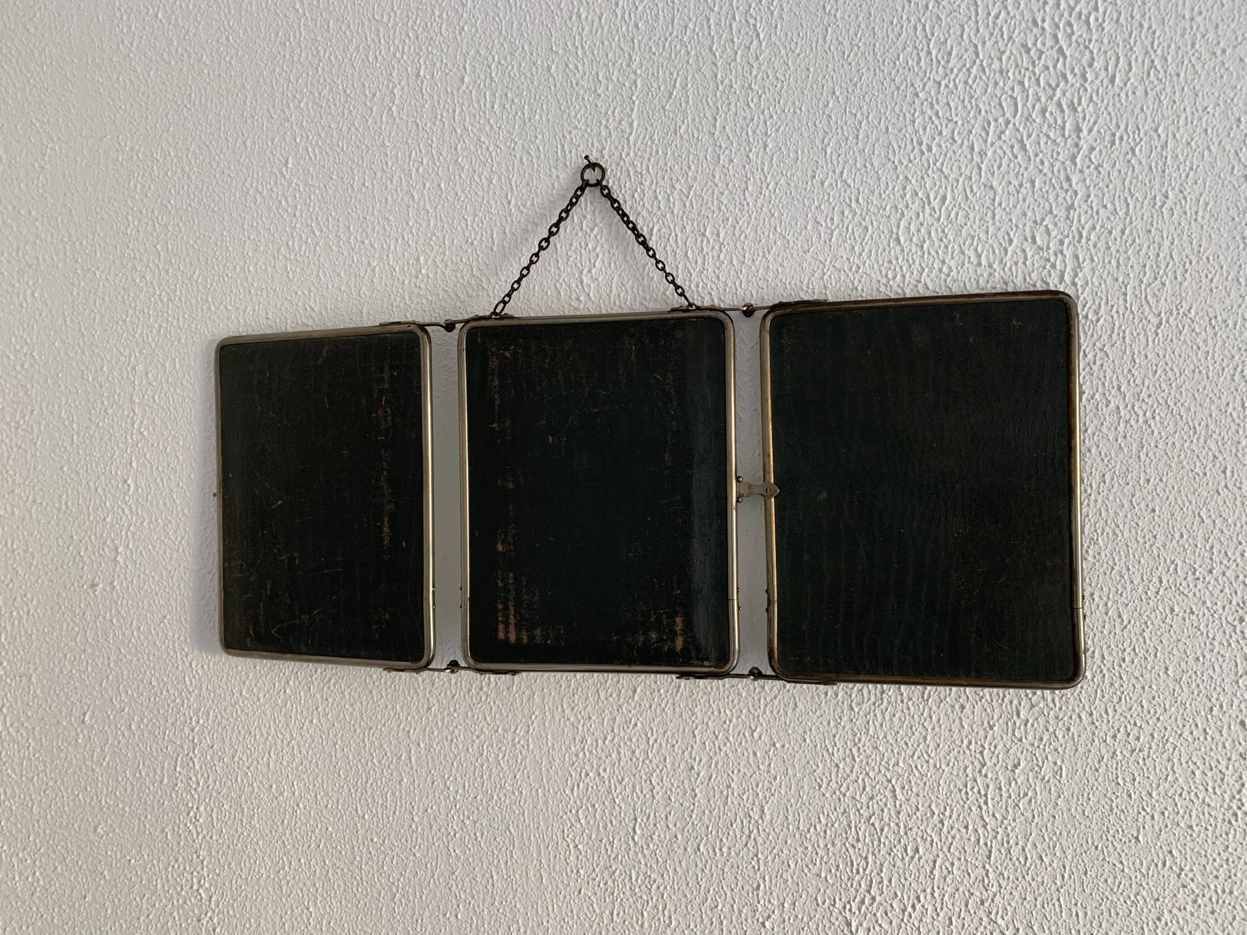 Vintage 1930s barber's triptych mirror, black beveled crystal - 28 x 70 cm