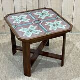 Art Deco side table in mahogany and top covered with a fabric under glass plate