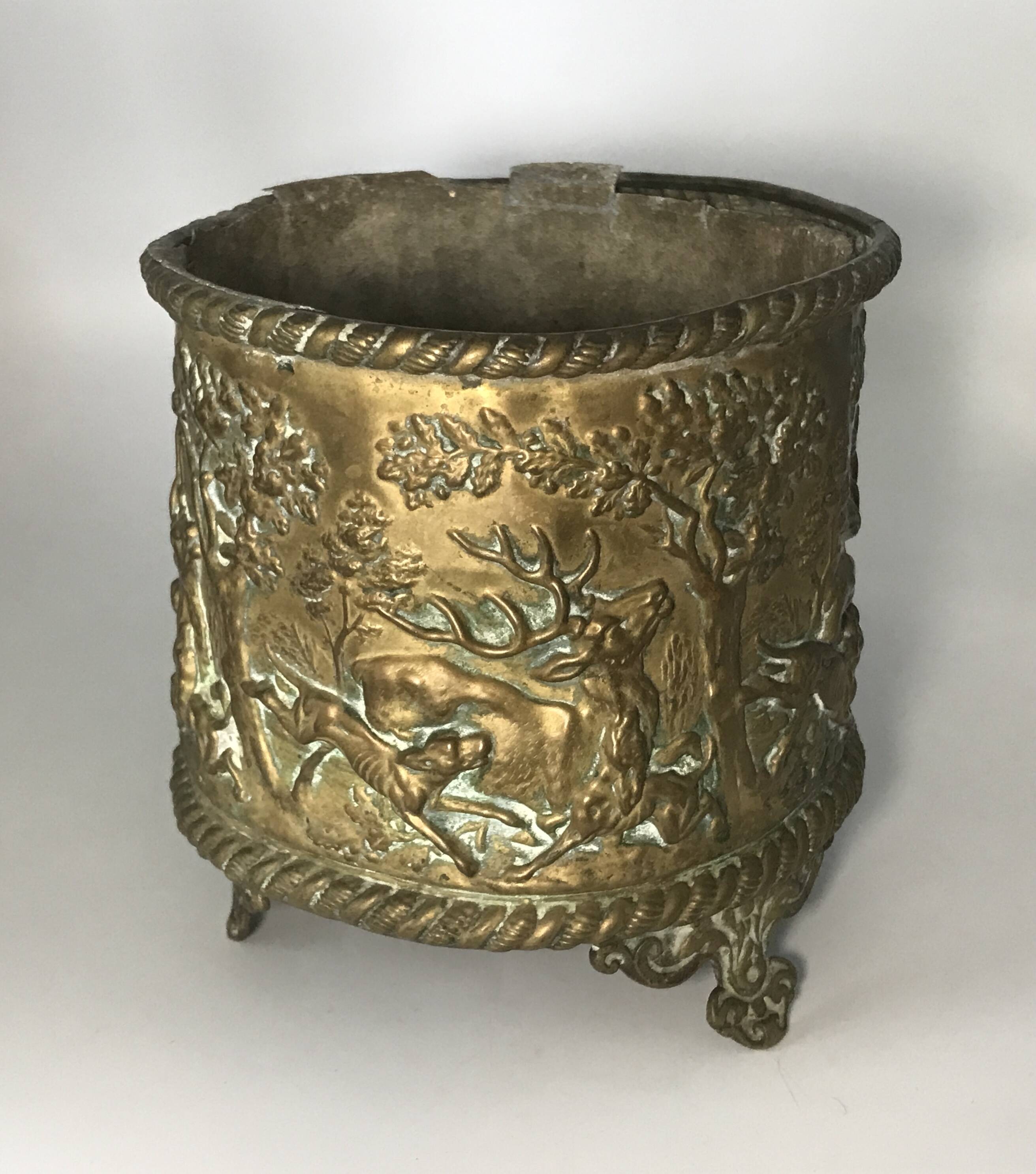 Antique Napoleon III Brass Planter with Embossed Hunting Scene Decor