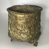 Antique Napoleon III Brass Planter with Embossed Hunting Scene Decor