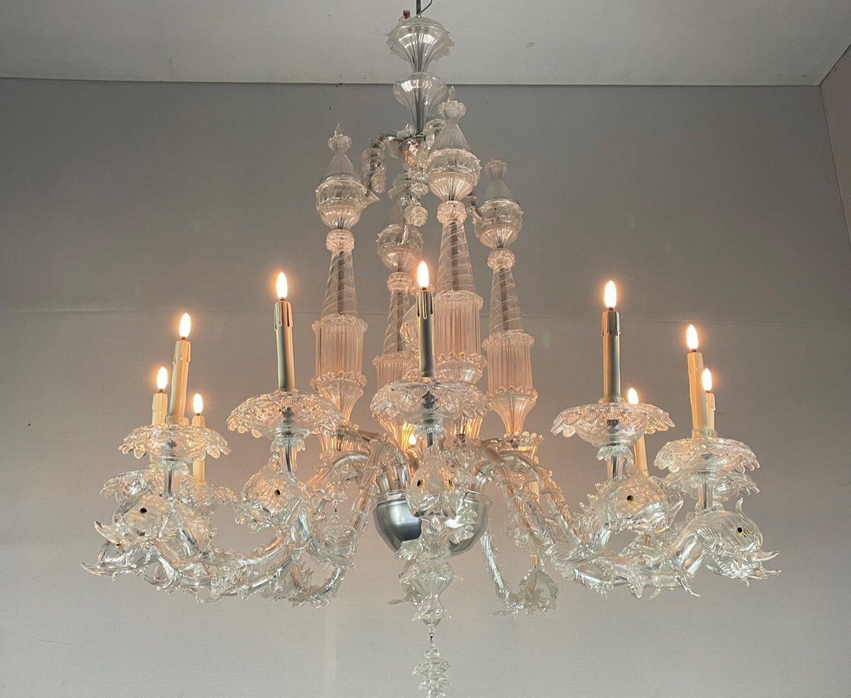 Venetian chandelier in transparent murano glass, 12 arms of light