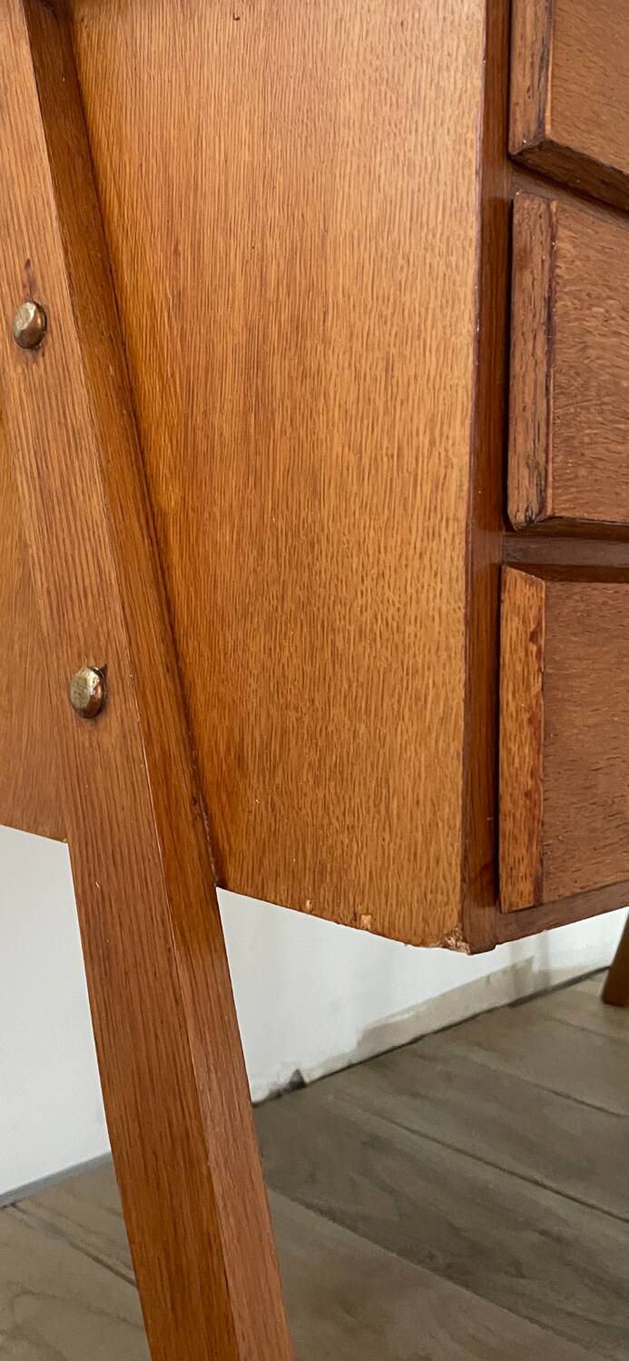 Bureau en chêne, piètement compas, 3 tiroirs, années 60