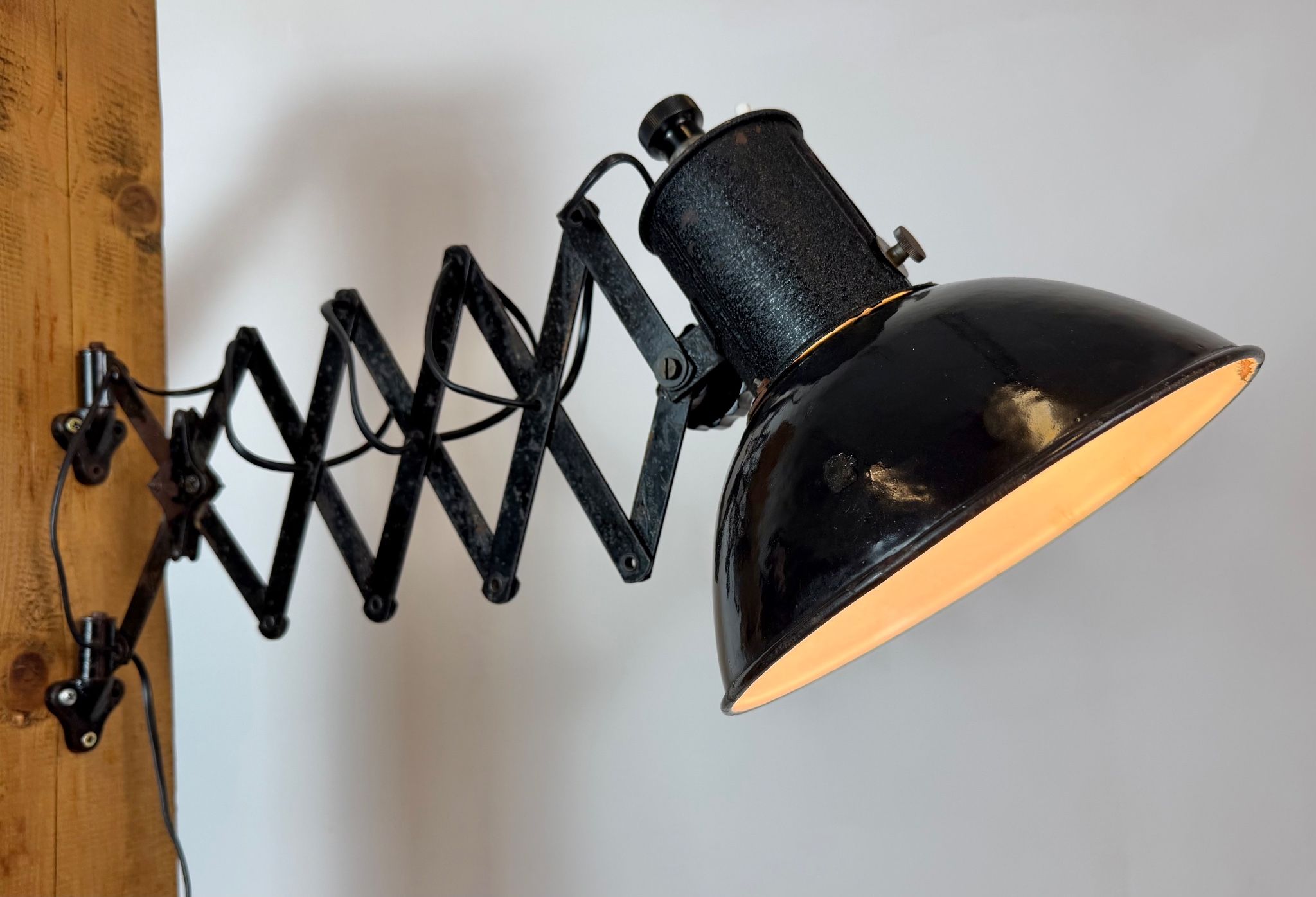 Industrial Black Enamel Scissor Wall Lamp, 1950s