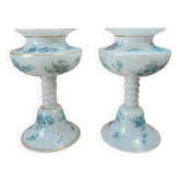 Beautiful pair of pedestal vases in white opaline – old blue decoration.