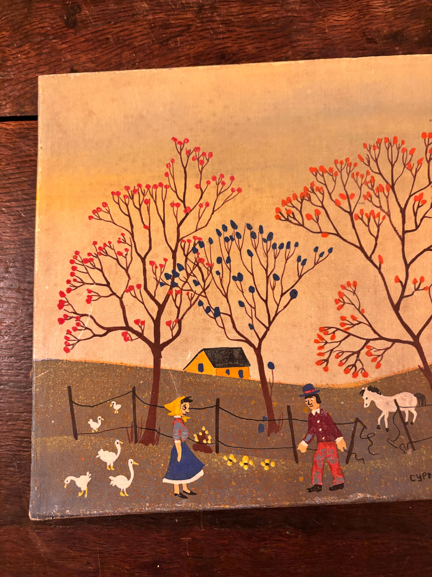 Tableau d'art naïf vintage - Scène champêtre. Art populaire