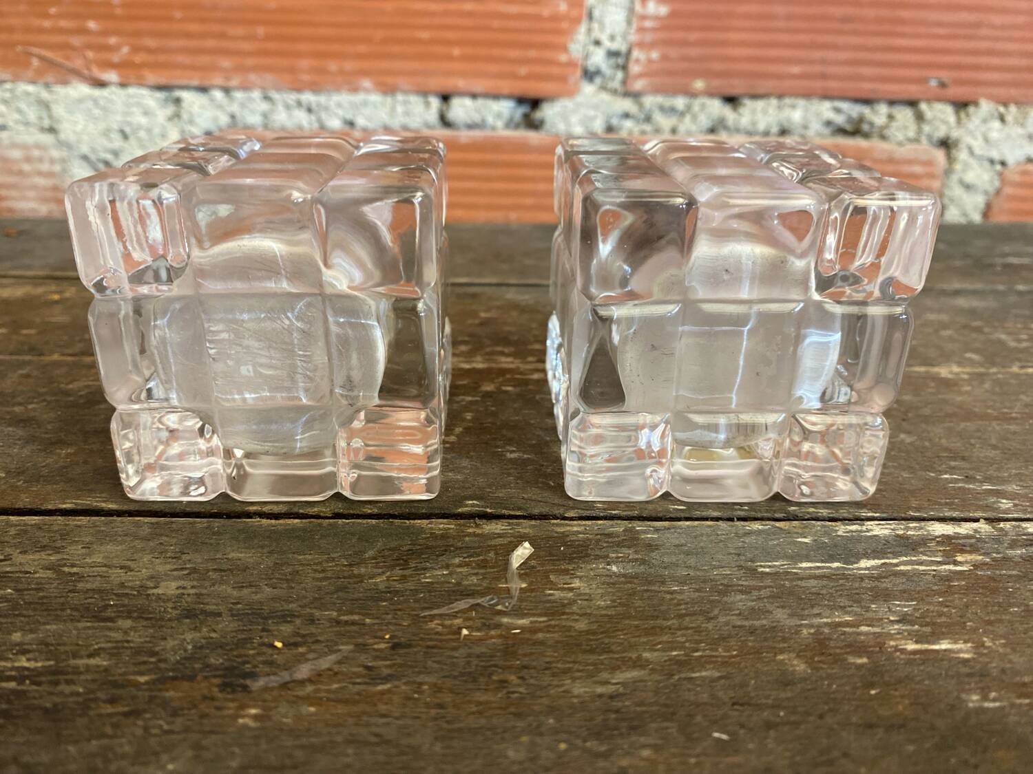 Pair of Modernist Cube Design Candle Holders Moulded Glass 1970s Vintage