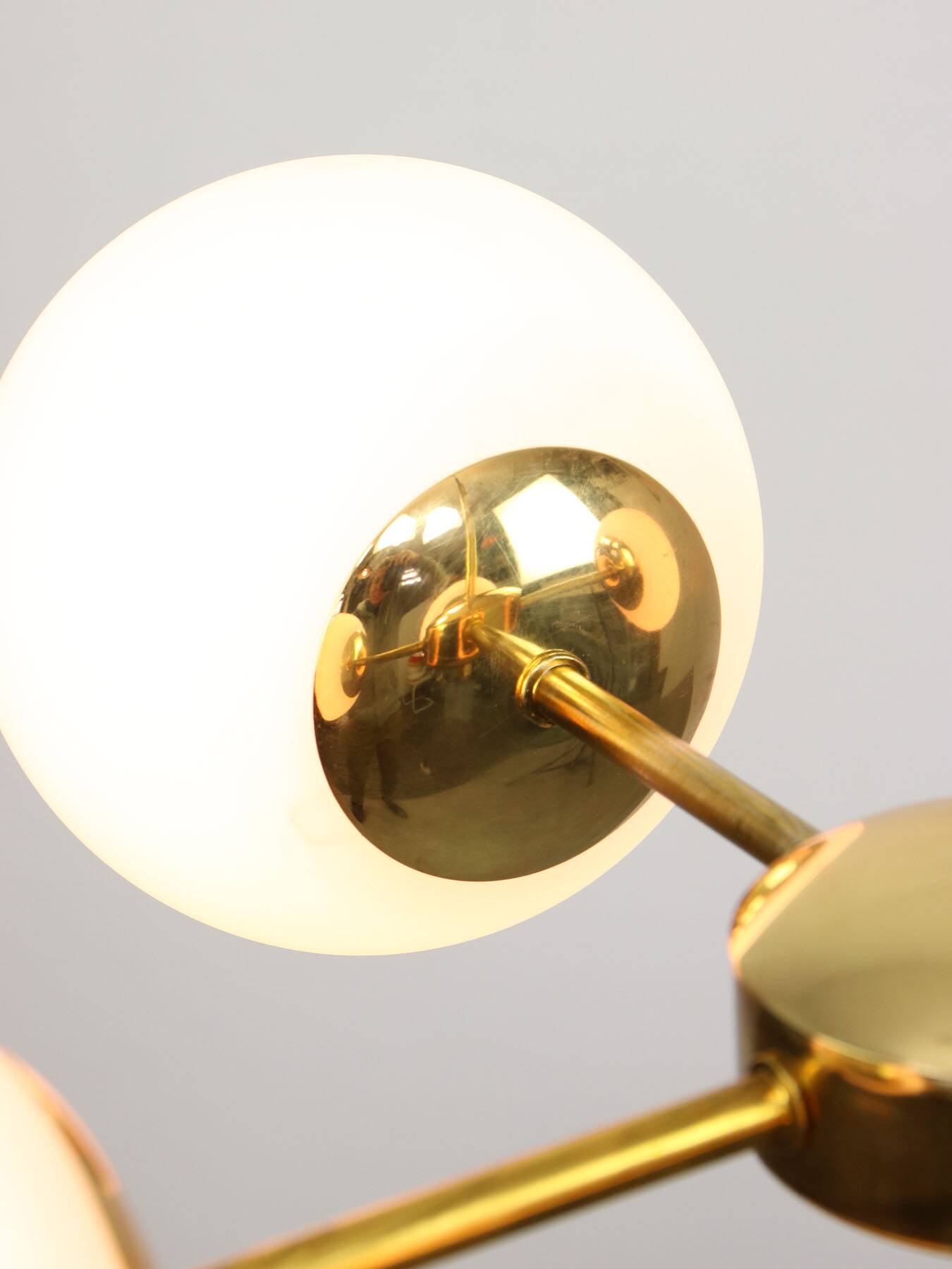 Italian Mid Century Golden Sputnik Chandelier with Opaline Shades, 1960s