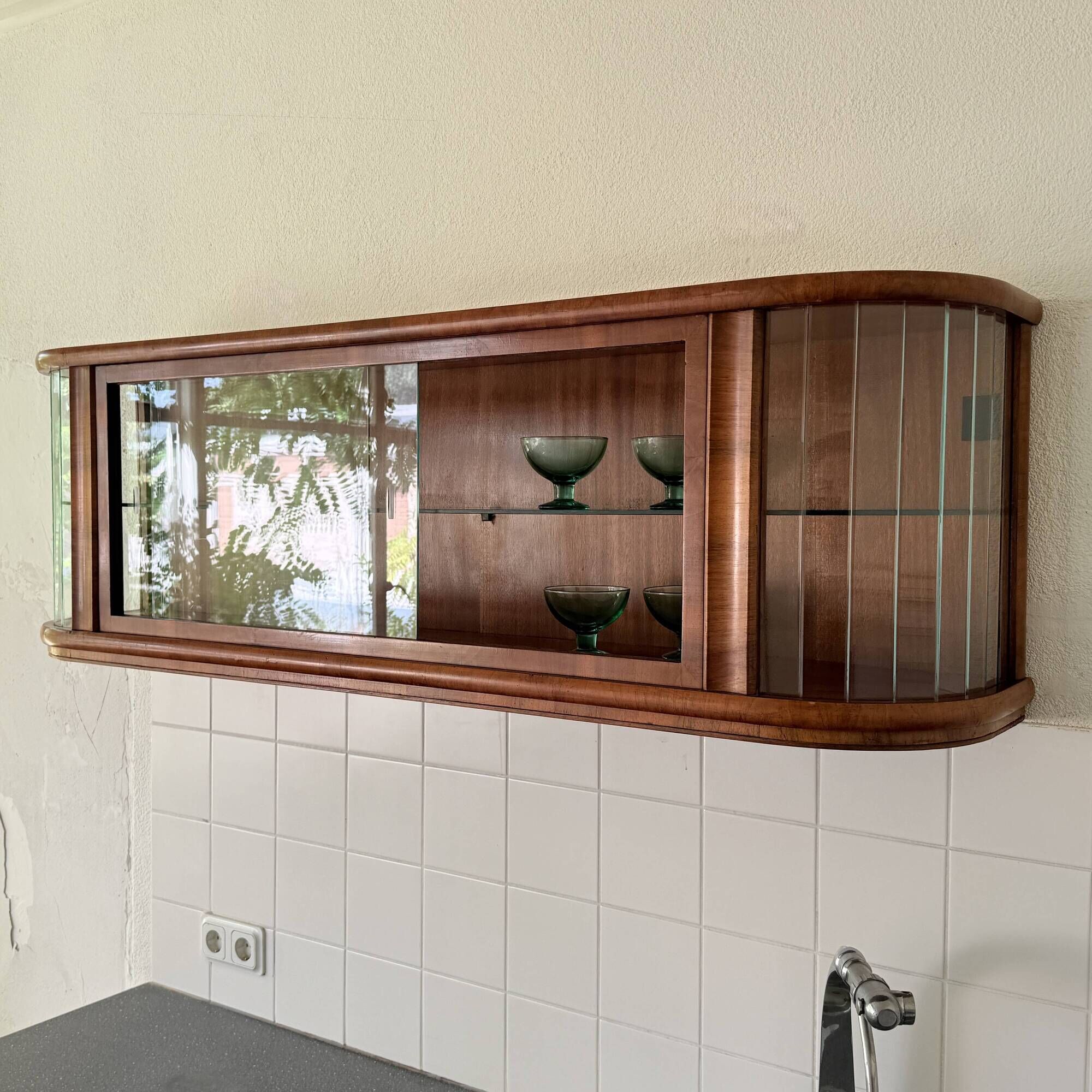 Polish Mid-Century Modern Wall Showcase Cabinet – Beveled Glass & Wood Vene