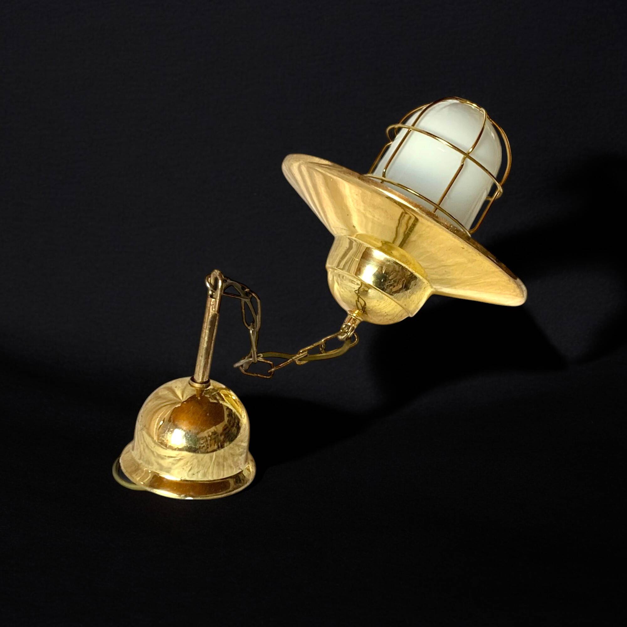 Vintage pendant light in gold metal and white opaline