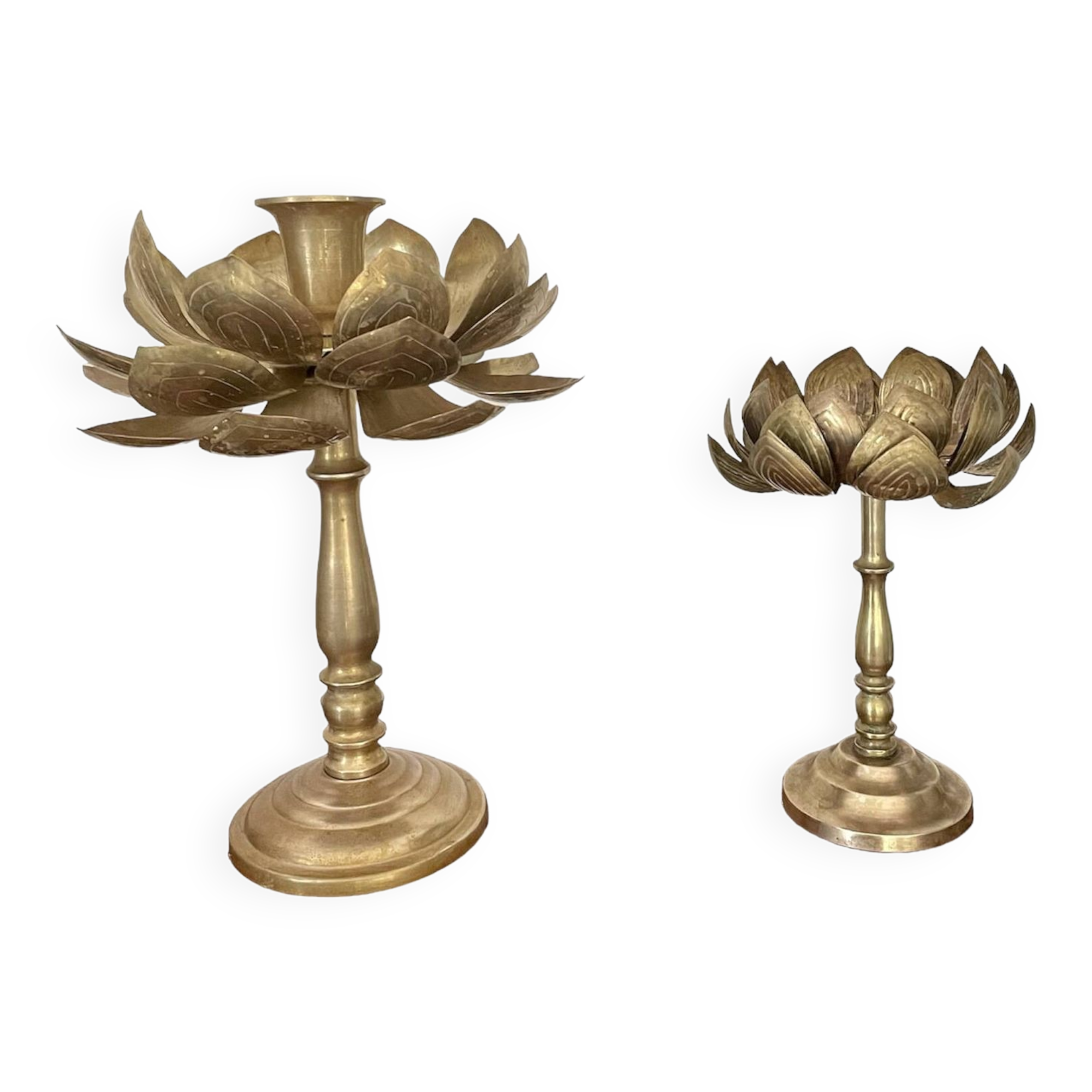 Set of two old brass lotus flower candlesticks