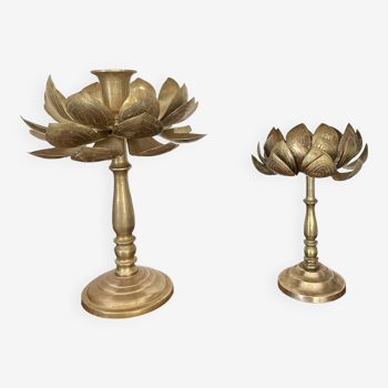 Set of two old brass lotus flower candlesticks