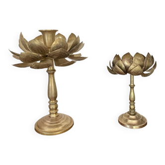 Set of two old brass lotus flower candlesticks