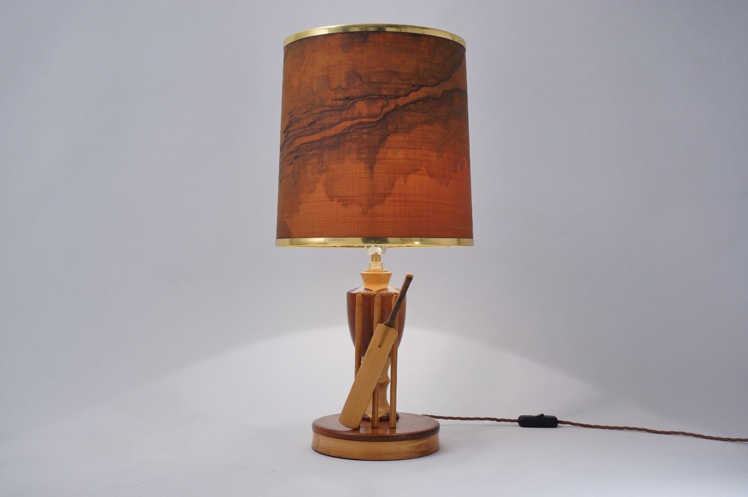 Marquetry wood inlaid table lamp, sport cricket theme, 1950`s ca, English, Rewired