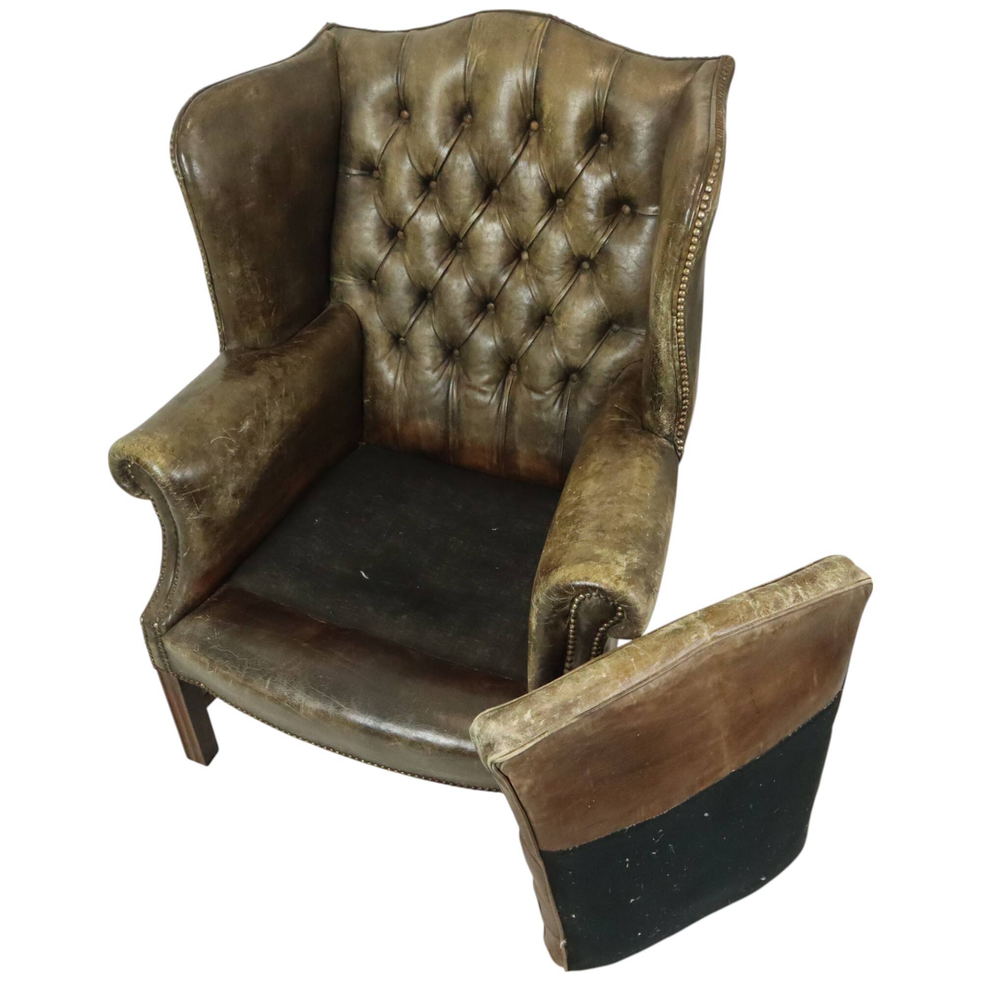Old Green Chesterfield Armchair Wingchair