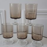 Set of 5 large smoked glass wine glasses Made in France 70s