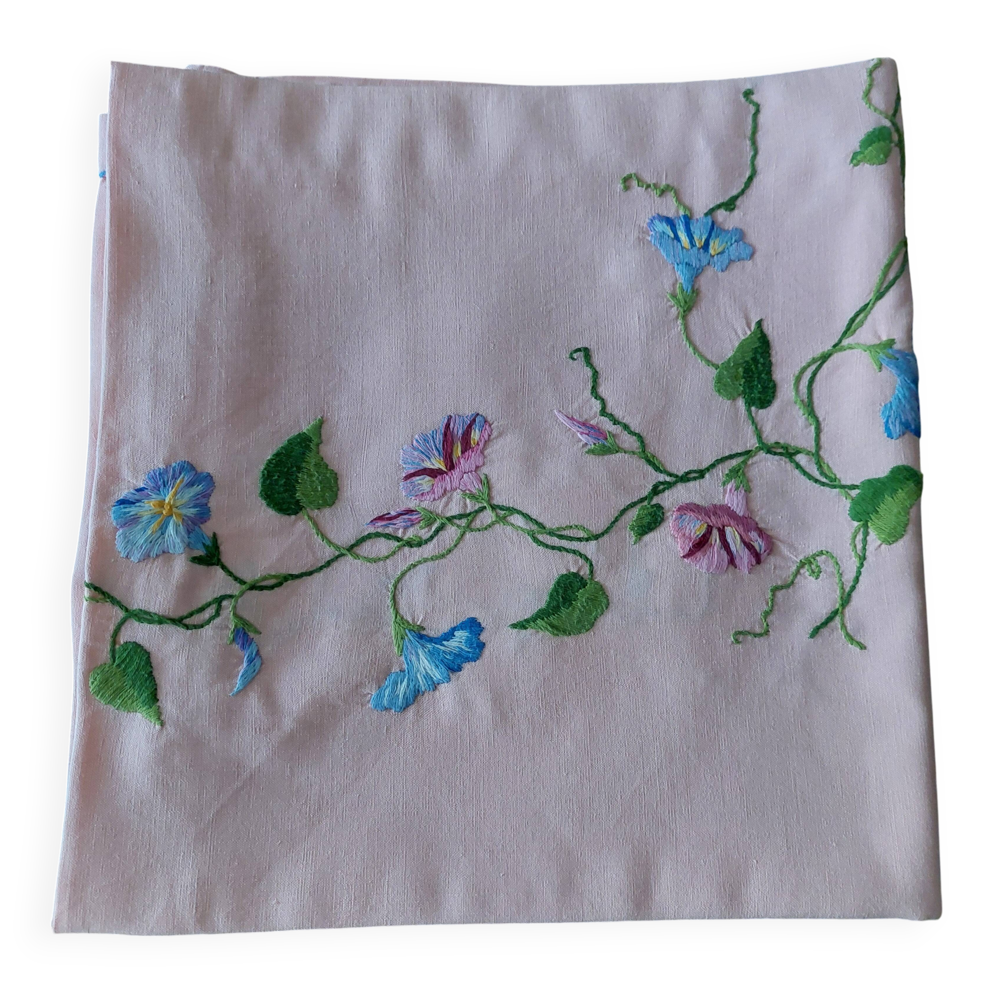 Antique pink cotton tablecloth with embroidered multicolored flowers