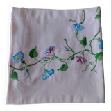 Antique pink cotton tablecloth with embroidered multicolored flowers