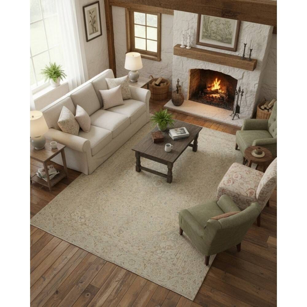 One of a kind Vintage Turkish Area Rug. Handmade Beige Large Carpet for Rustic, Country & Farmhouse Decor