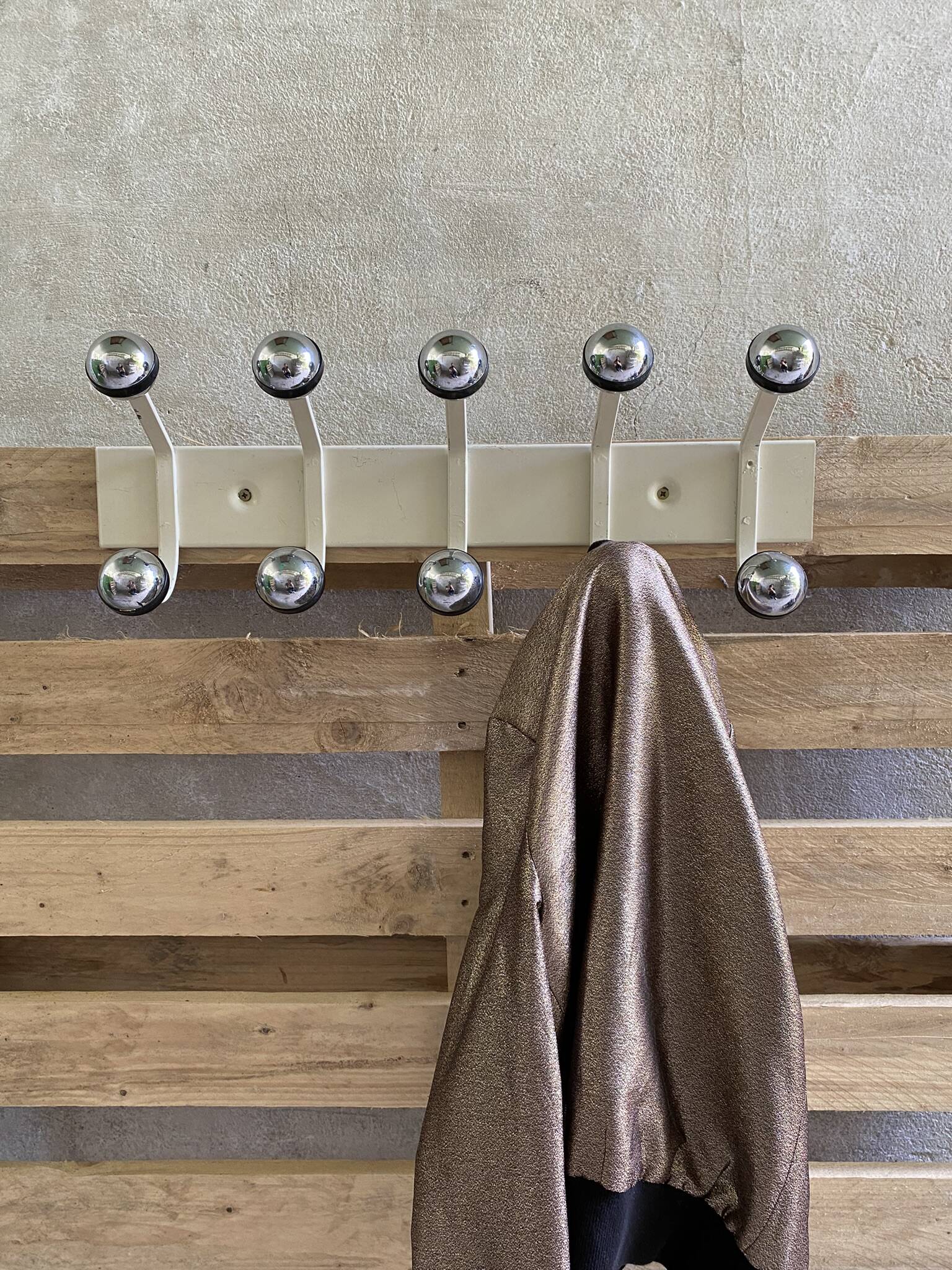 Vintage metal wall coat rack with ten hooks from the 70s