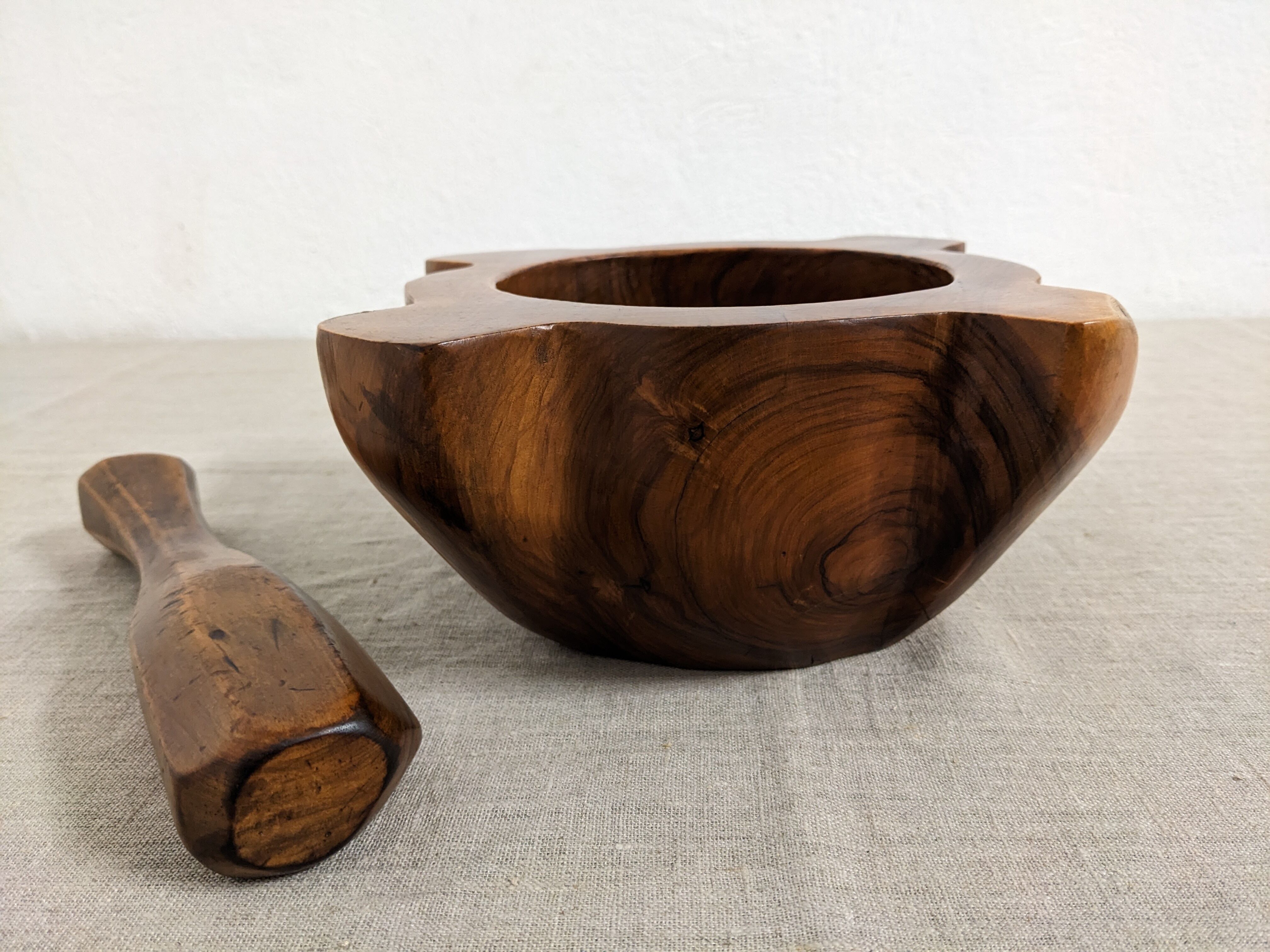 Mortar and its vintage olive wood pestle