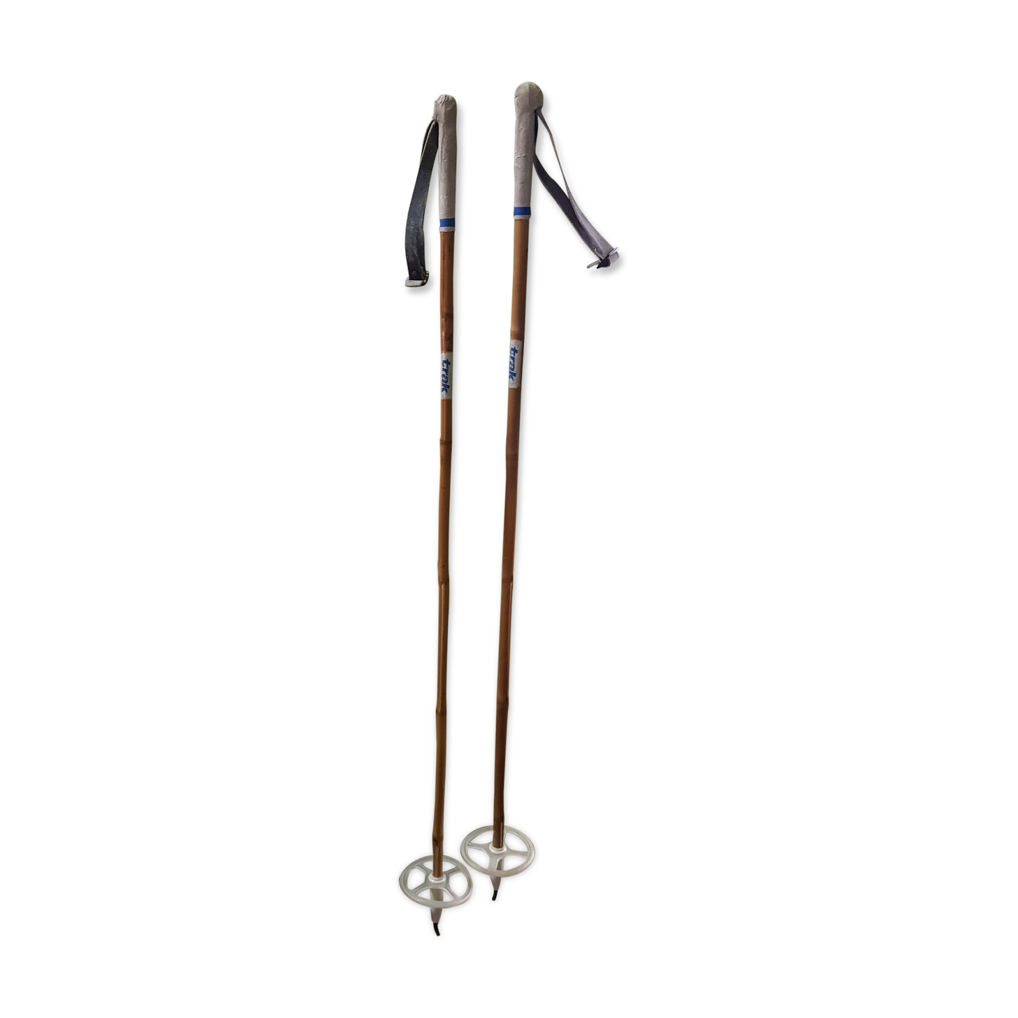 Ancien baton de ski annees 50-60 en bambou et cuir