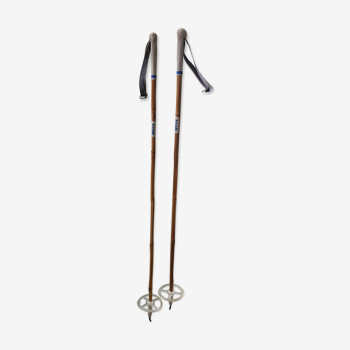 Ancien baton de ski annees 50-60 en bambou et cuir