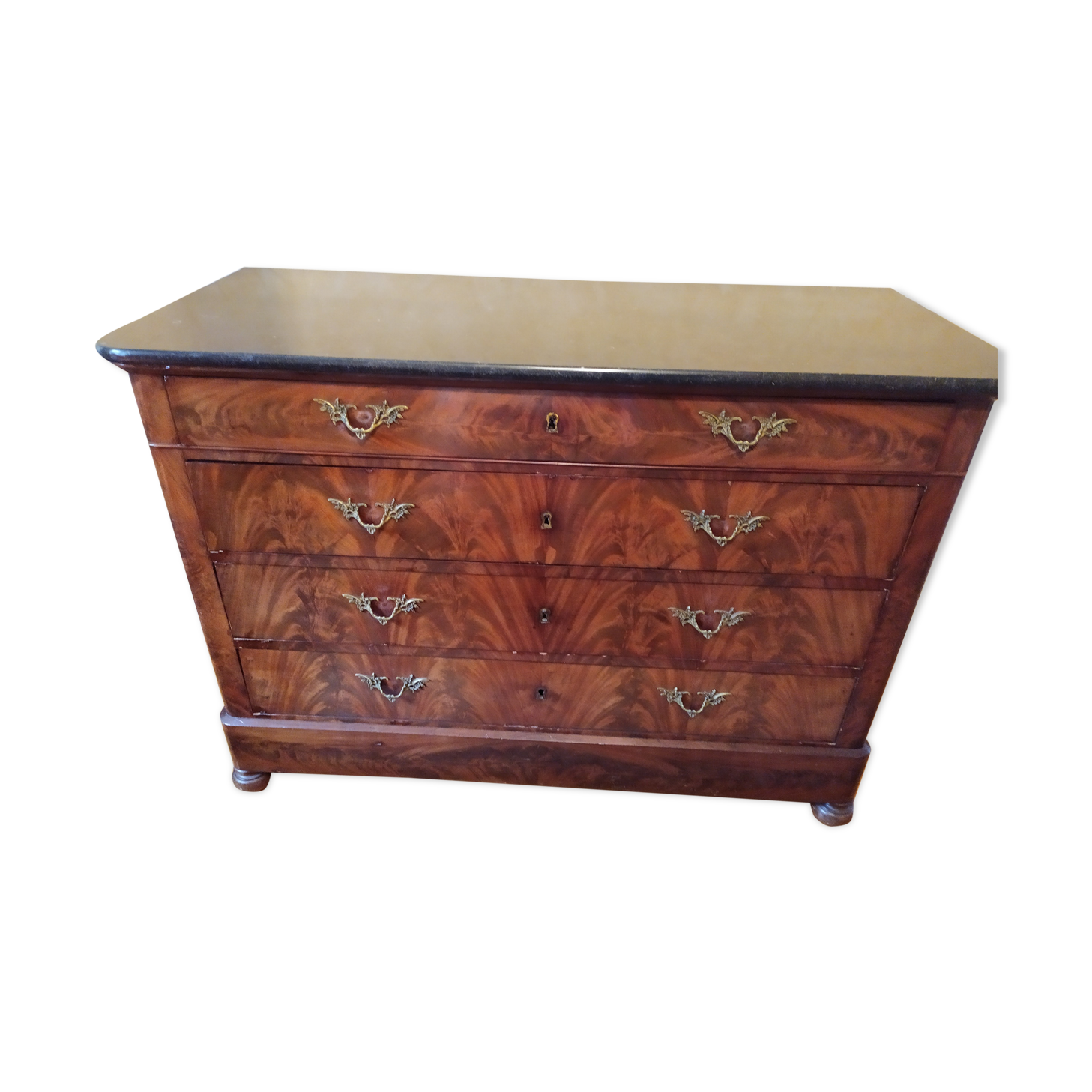 Louis Philippe chest of drawers In walnut veneer with black marble top