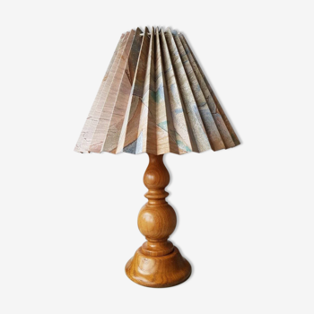 Lampe de table en bois avec abat-jour en tissu 80s