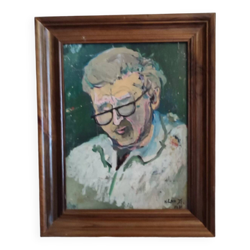 Gouache sur carton encadrée "Vieil homme aux lunettes ", V. Lod (XXeme)