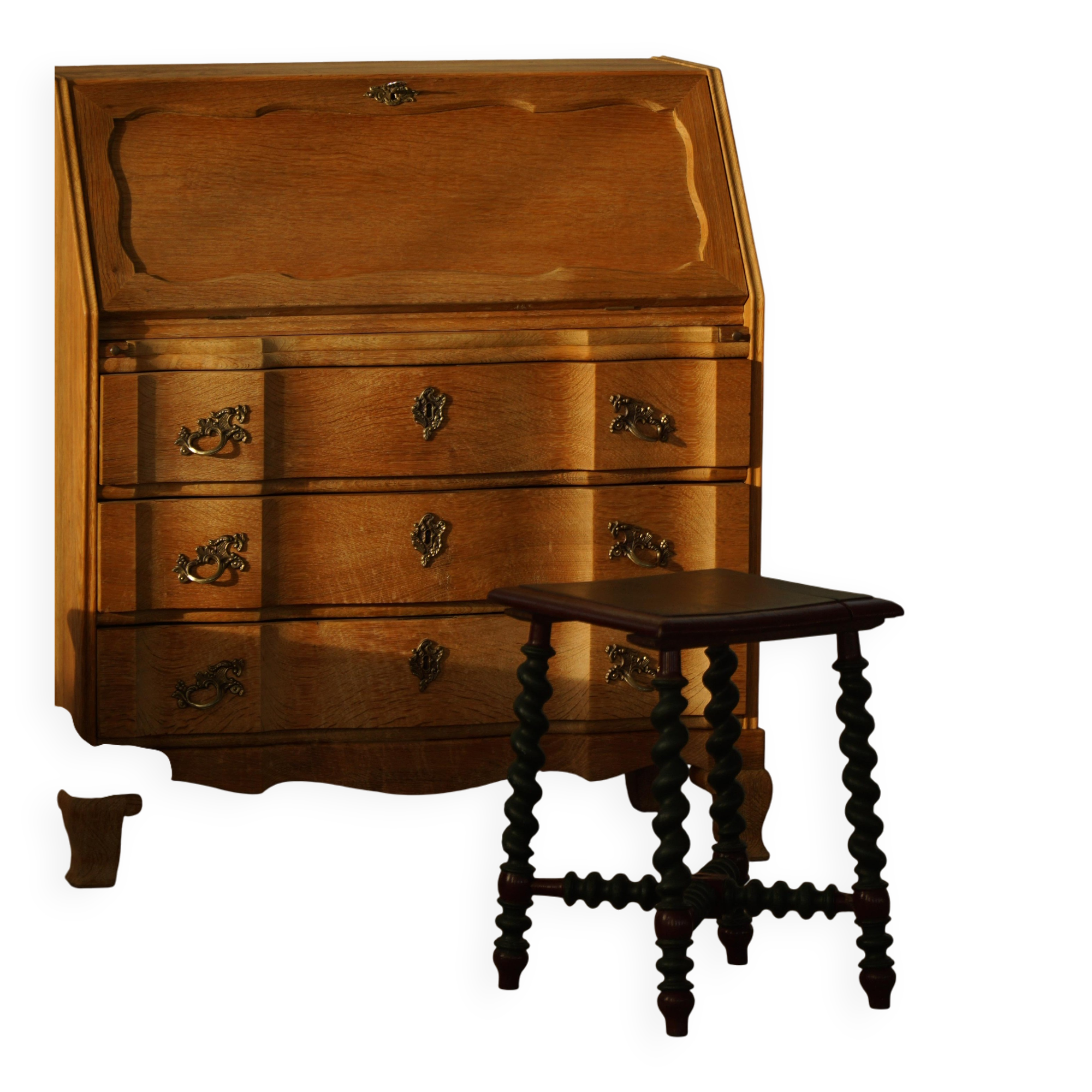 Vintage Scandinavian Stool Painted in Dark Green and Dark Red Wood, Folk Style, 1940s