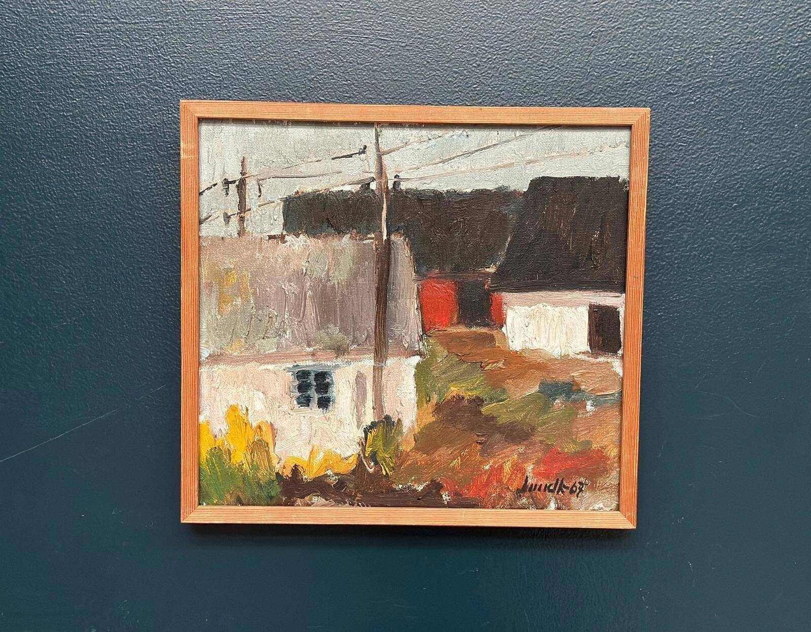 huile sur toile suédoise du milieu du siècle – « Parmi les maisons » par Karl Bertil Lundh – 1967 – Vintage et encadrée