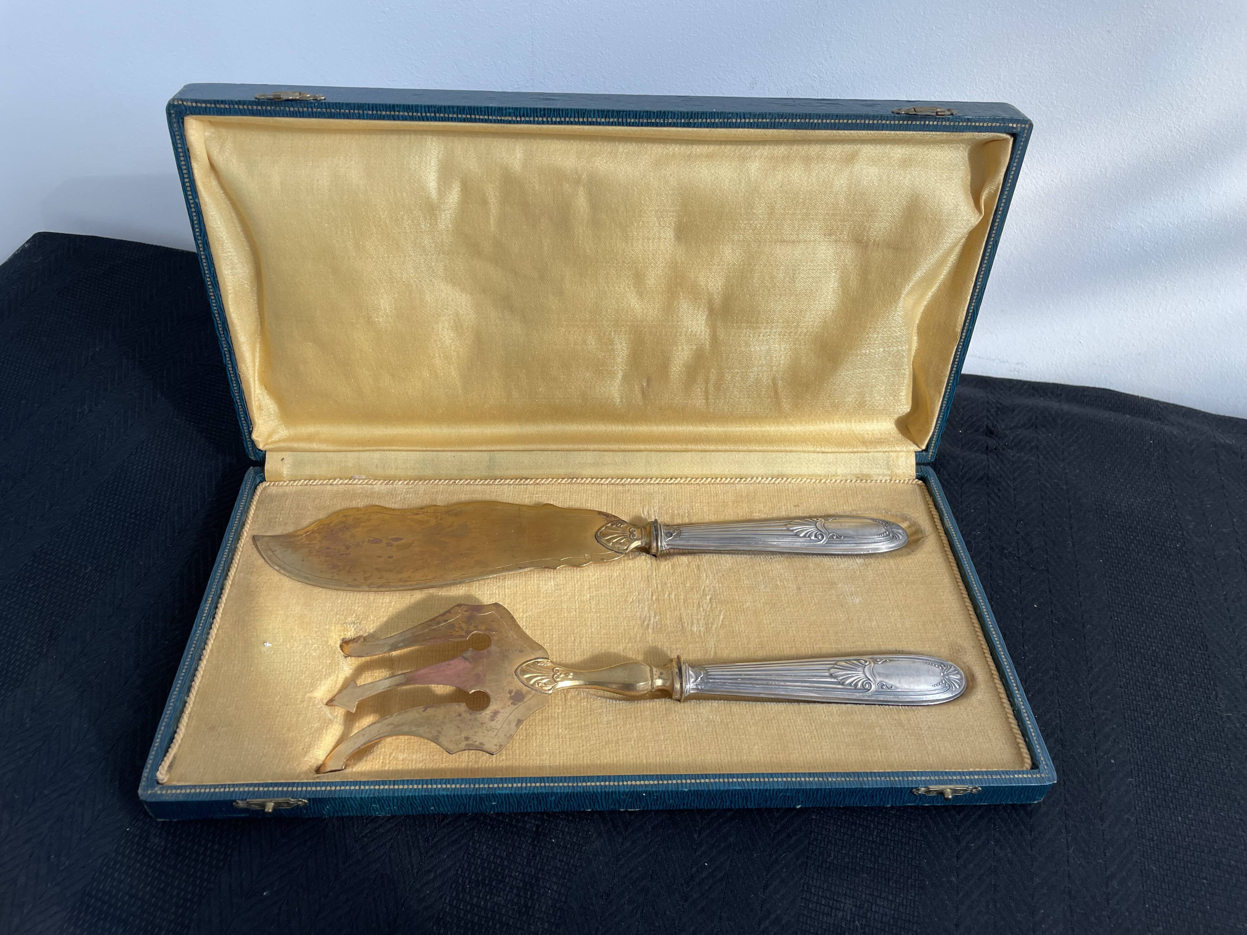 Antique, fish service cover, stuffed silver, gilded metal, France