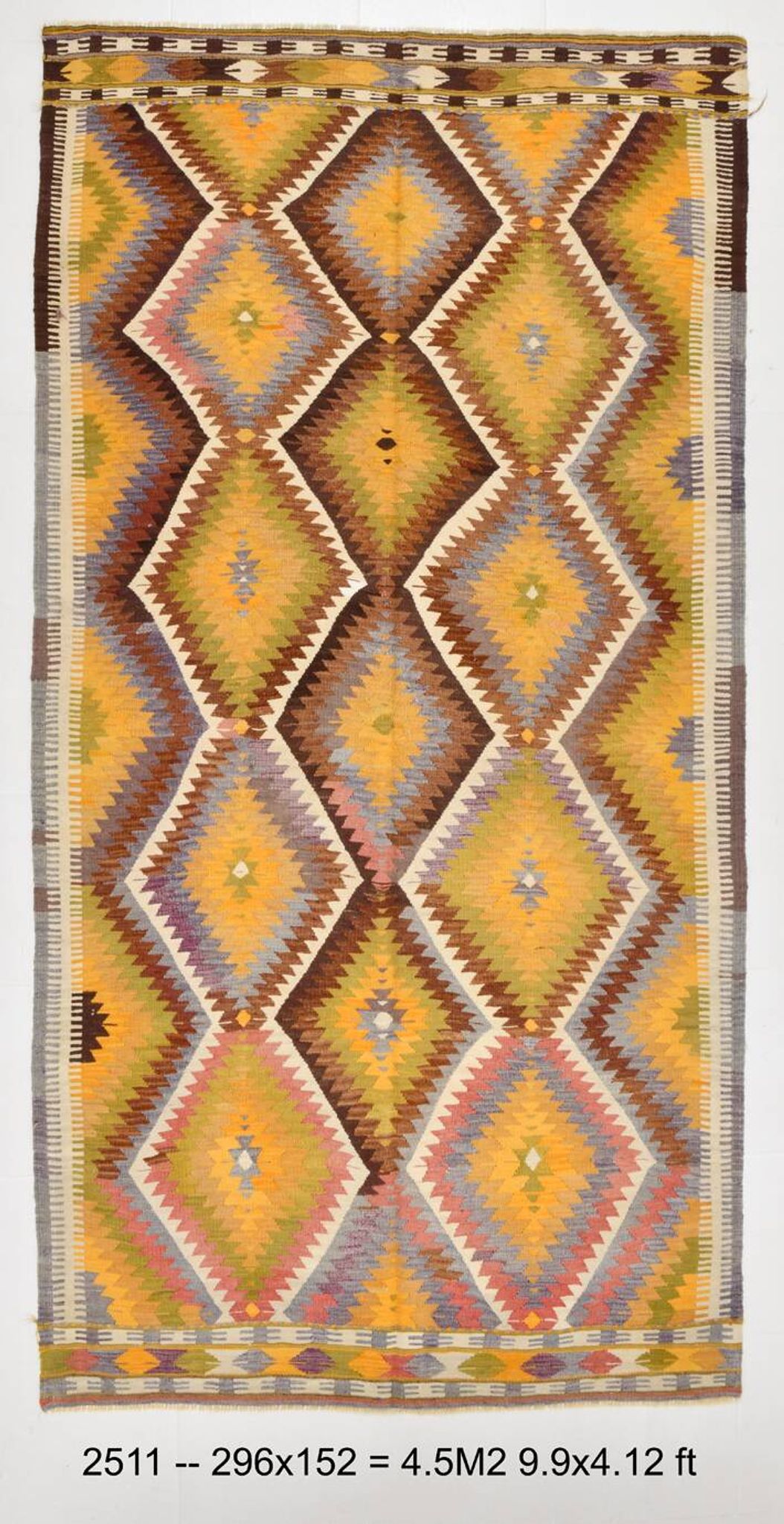Fade Yellow Long Wide  Vintage Kilim Rug,Geometric Tribal Design,152x296 Cm