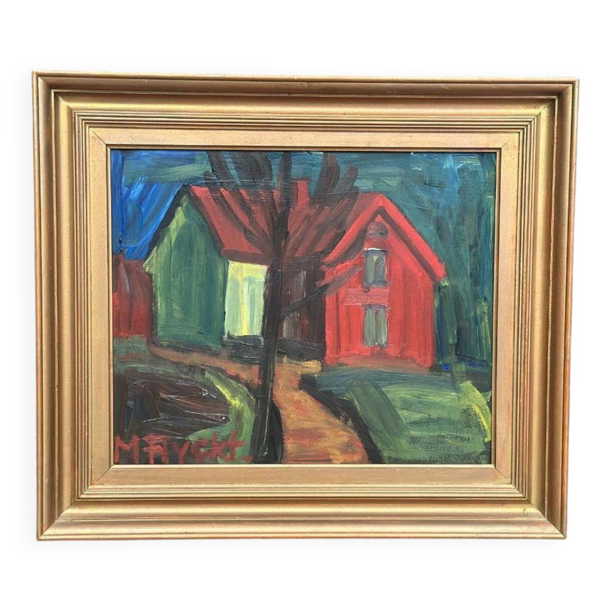Huile sur panneau suédois d'époque mid-century – « Paysage avec maison » par Manfred Flyckt – Vintage et encadrée – 53 × 61 cm (20,9" × 24,0")