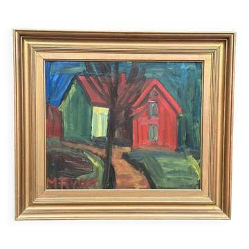 Original Mid Century Swedish Oil On Panel – “Landscape With House” By Manfred Flyckt – Vintage & Framed – 53 × 61 Cm (20.9" × 24.0")