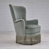 Fauteuil danois des années 1970, état d'origine, tissu d'ameublement velours, pieds en hêtre.