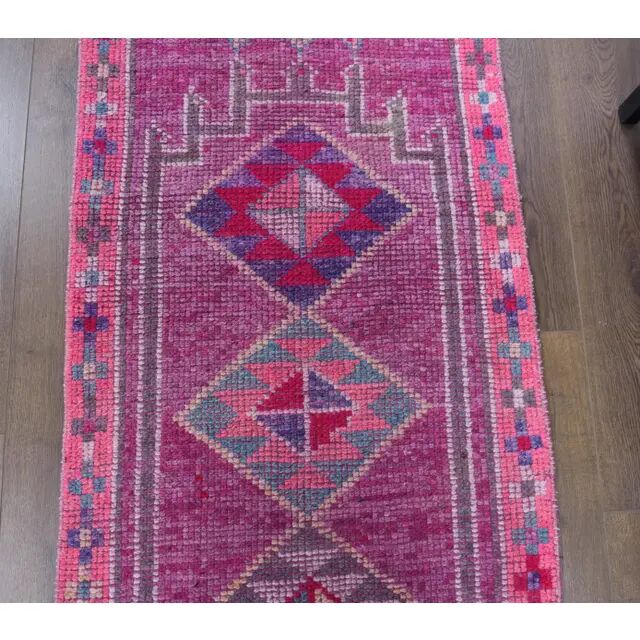 1970s Turkish Handmade Pink Diamond Wool Runner Rug 78x384