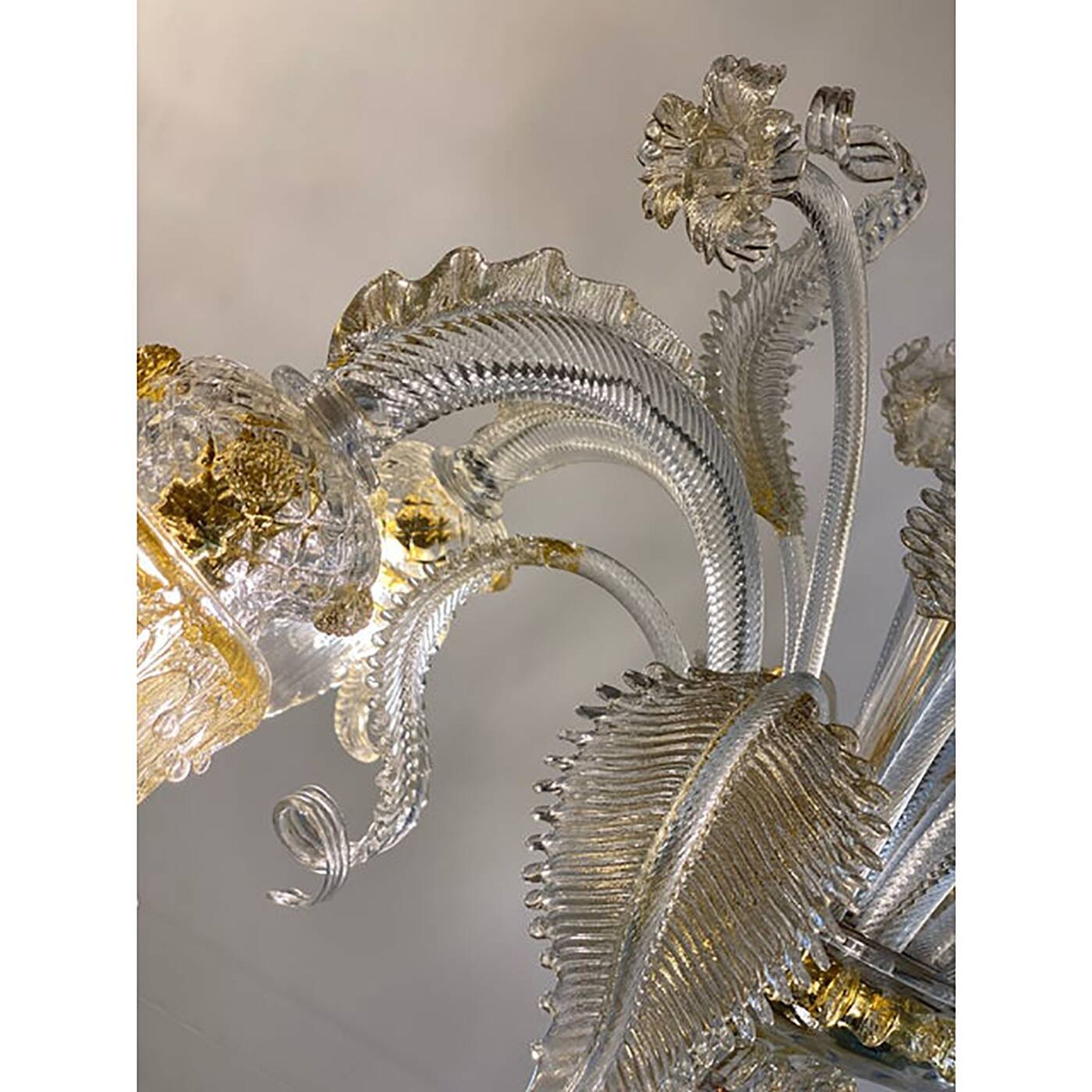 Glass Clear and Gold Chandelier With Flowers and Leaves