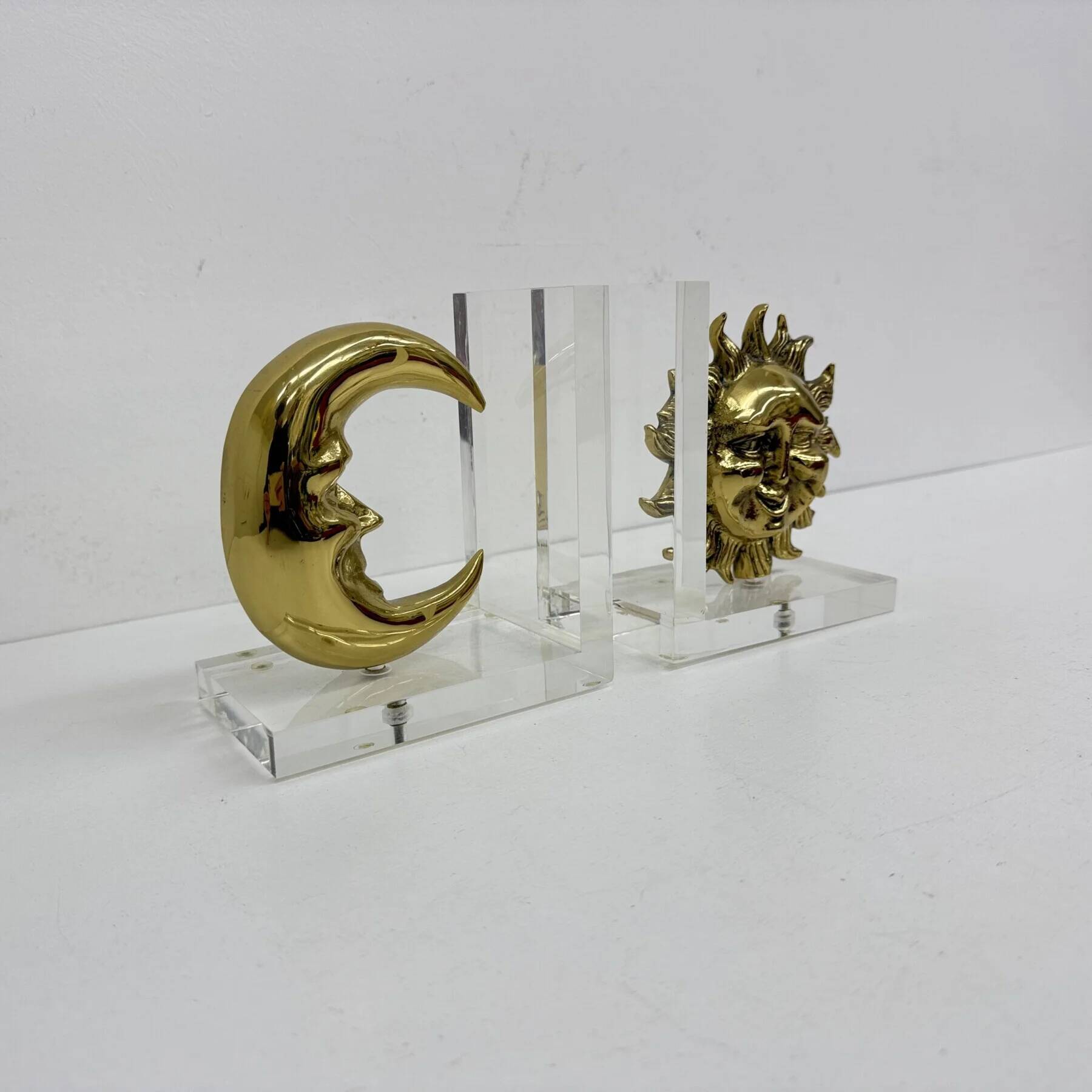 Vintage bookends sun and moon lucite and brass, 1970s