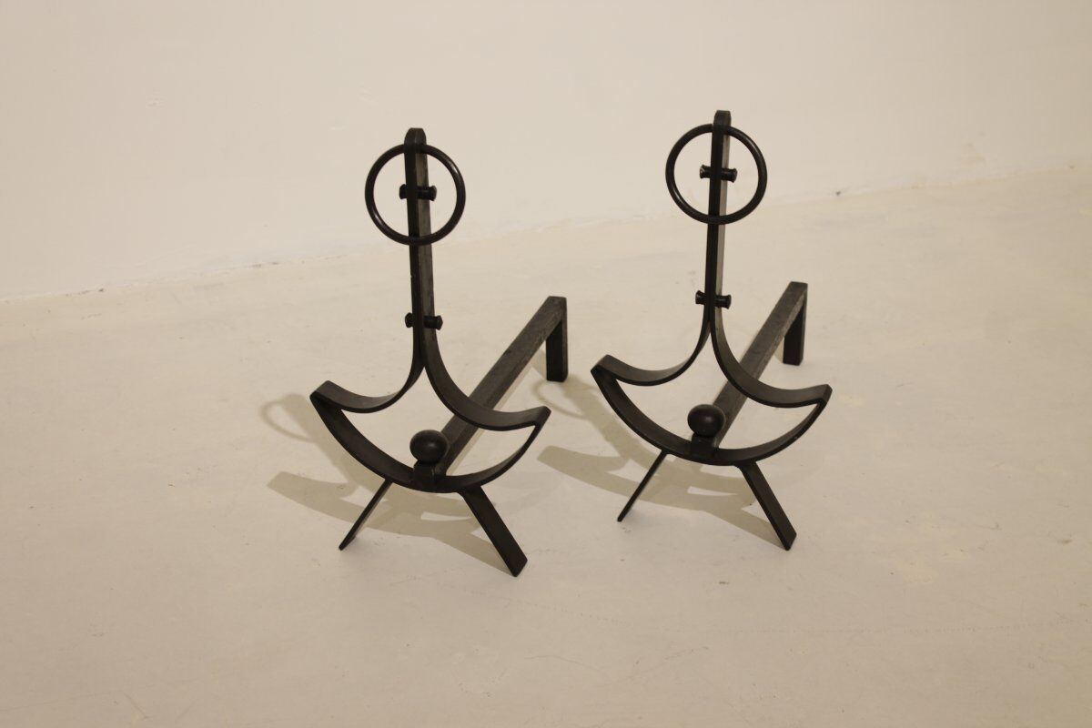 Pair of modernist wrought iron fire dogs