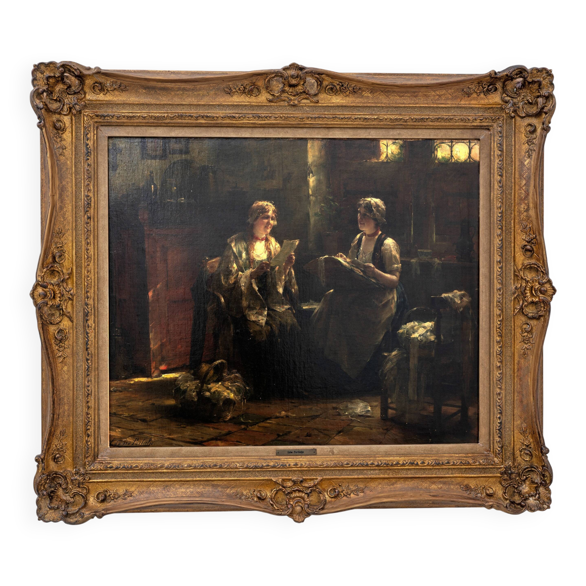 Edward Portielje "The letter", 19th Century Flemish oil Painting of Two Lad