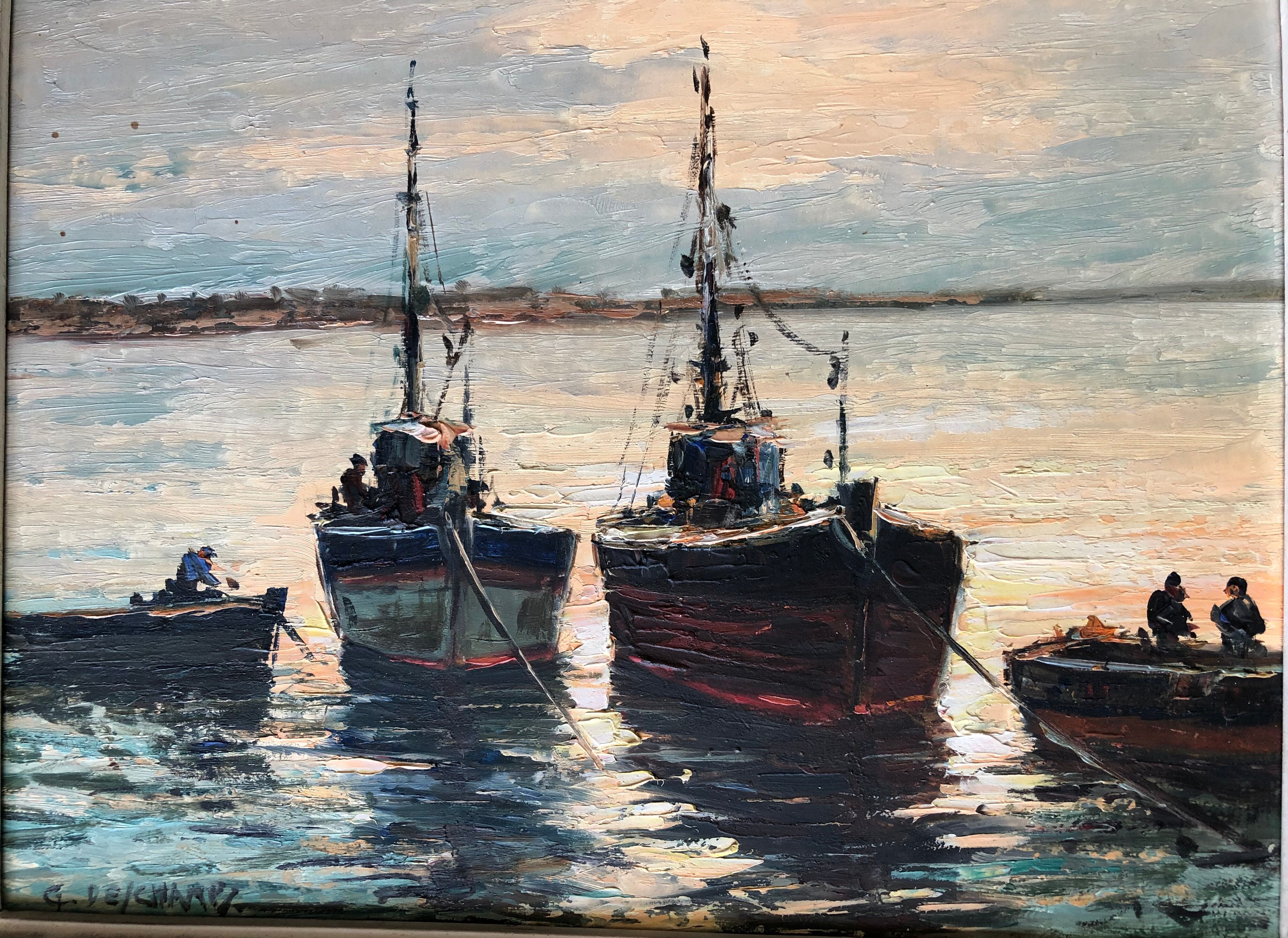 Oil on panel: fishing boats at sunset