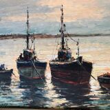 Oil on panel: fishing boats at sunset